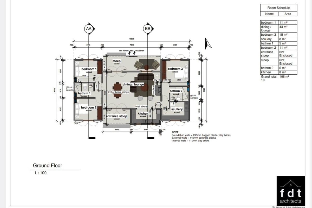 Architectural ground floor plan for a residential property featuring three bedrooms, two bathrooms, open plan living area, kitchen, scullery, and dual stoep areas.
