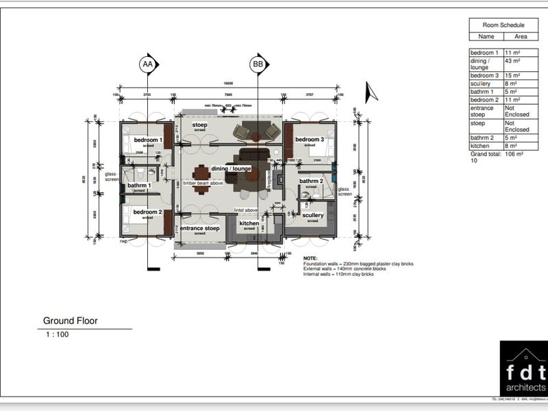 Architectural ground floor plan for a residential property featuring three bedrooms, two bathrooms, open plan living area, kitchen, scullery, and dual stoep areas.