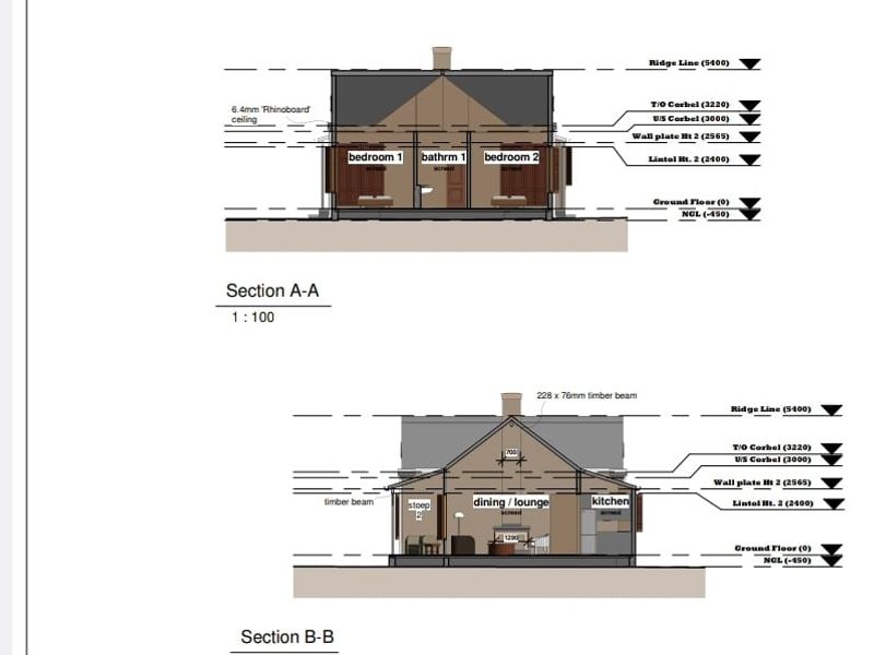 Architectural section drawings showing the proposed layout and structural elevations for the residential property.