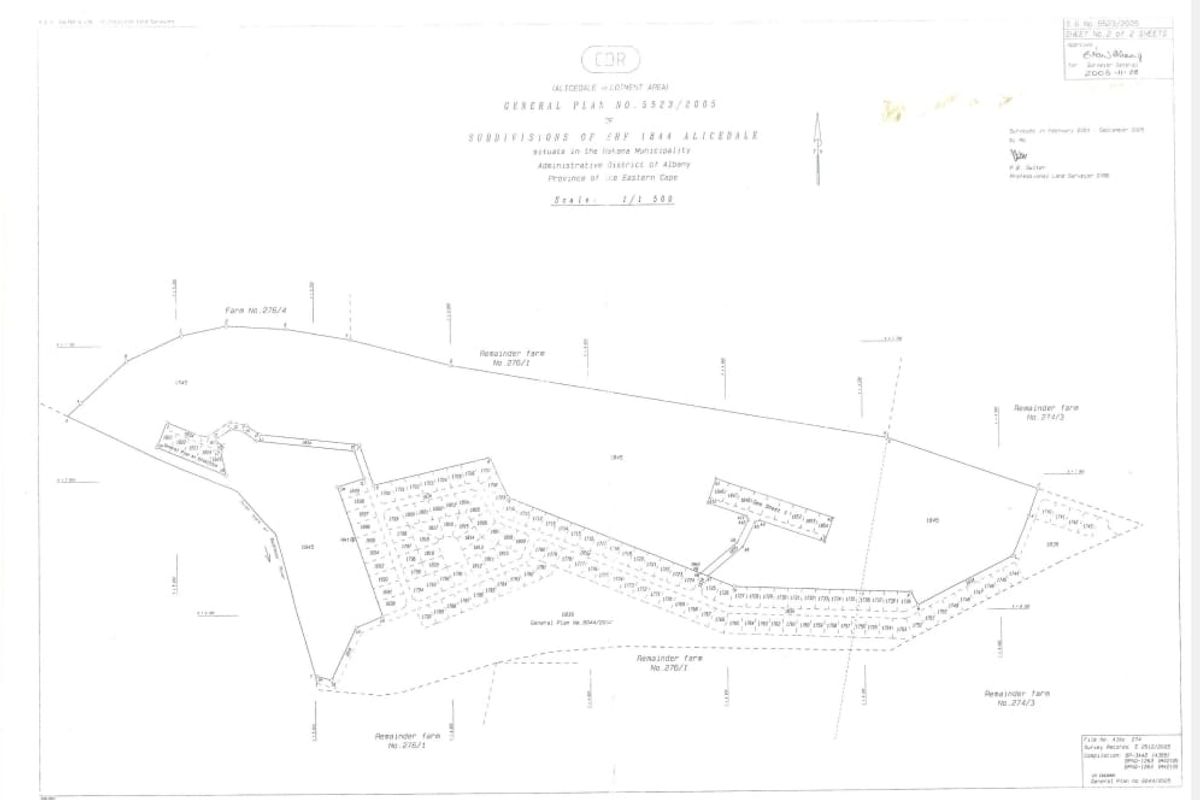 A formal general plan document detailing the subdivision of Erf 1844 in Alicedale, showing property boundaries and survey measurements.