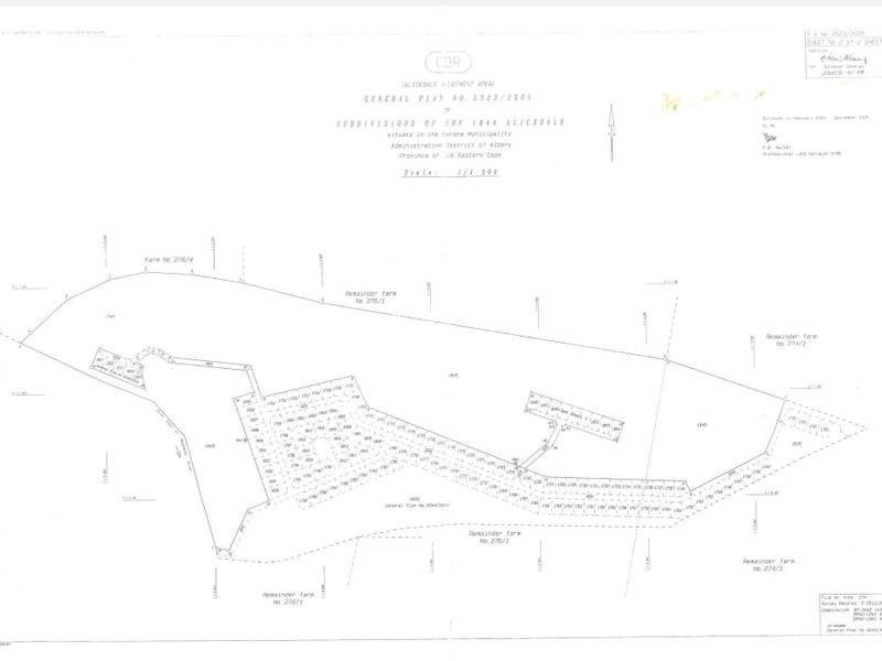 A formal general plan document detailing the subdivision of Erf 1844 in Alicedale, showing property boundaries and survey measurements.