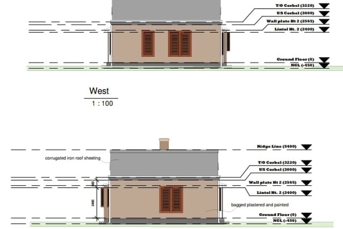 Architectural elevation drawings showing the West and East facades of the proposed residential structure with material specifications.