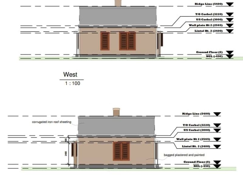 Architectural elevation drawings showing the West and East facades of the proposed residential structure with material specifications.