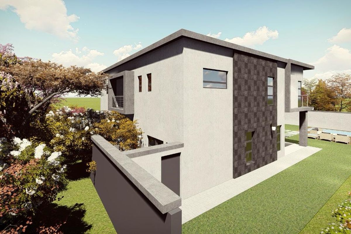 A modern two-story residential property featuring a rear garden, swimming pool, and contemporary architectural finishes with tiled facade detailing.