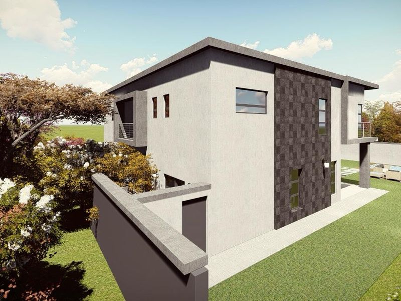 A modern two-story residential property featuring a rear garden, swimming pool, and contemporary architectural finishes with tiled facade detailing.