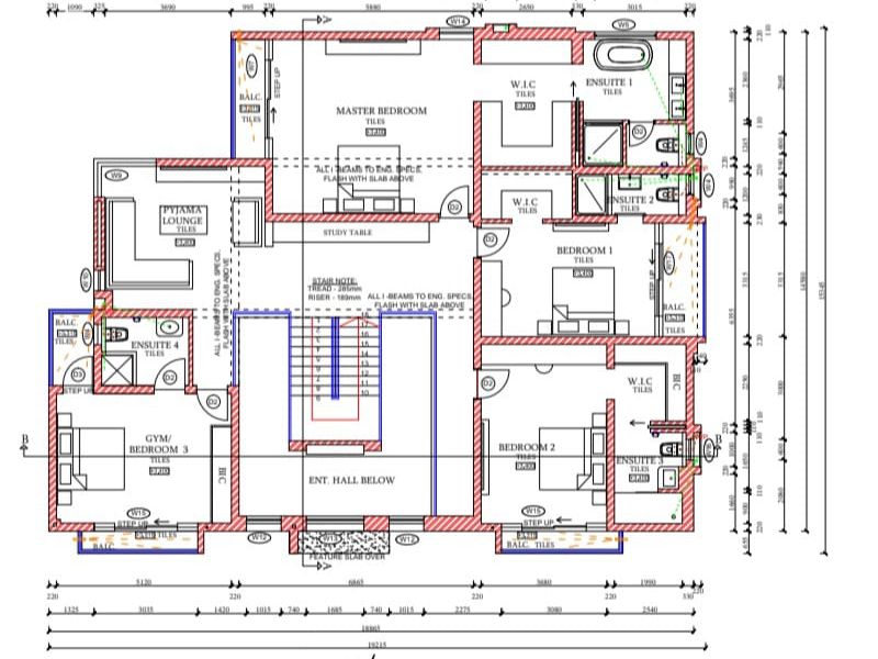 Architectural first floor plan showing layout of bedrooms, ensuite bathrooms, walk-in closets, pyjama lounge, and balcony access.