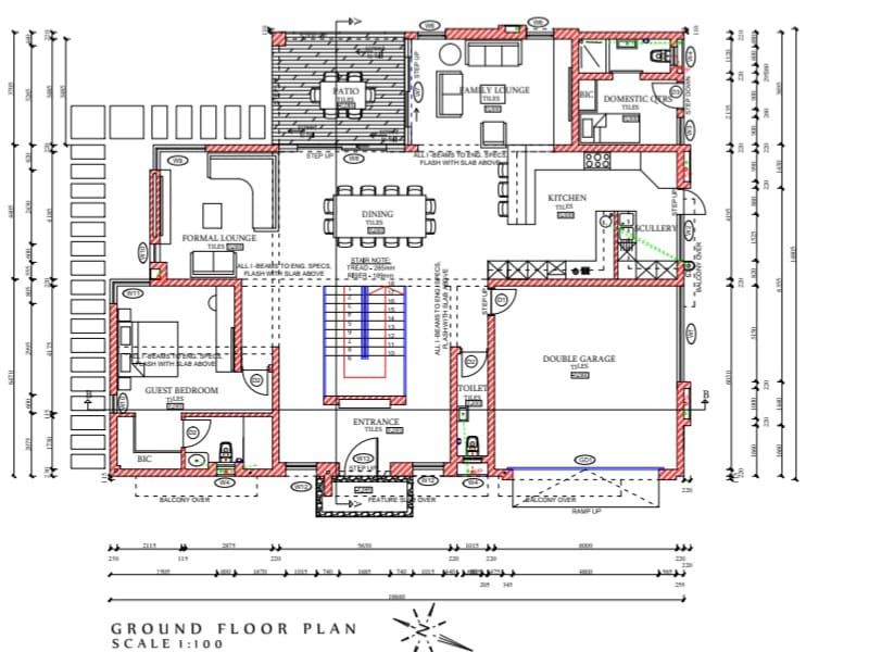Architectural ground floor plan for a residential property, detailing the layout of living areas, kitchen, bedrooms, and double garage.