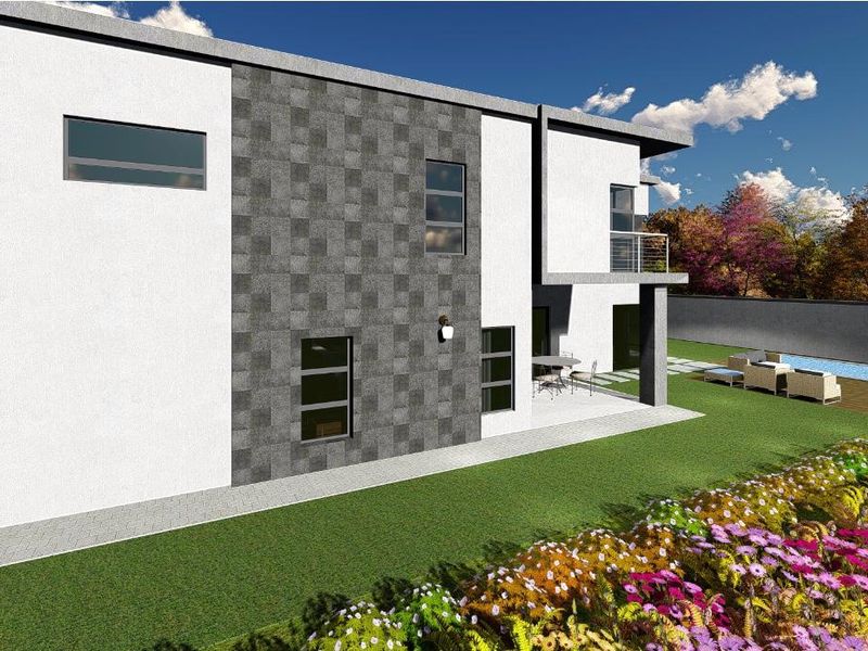 A modern rear exterior view of the property featuring stone cladding, a balcony, a swimming pool, and a landscaped garden.