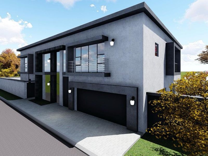 A modern two-story residential property featuring a sleek grey facade, integrated garage, and balcony with contemporary architectural detailing.