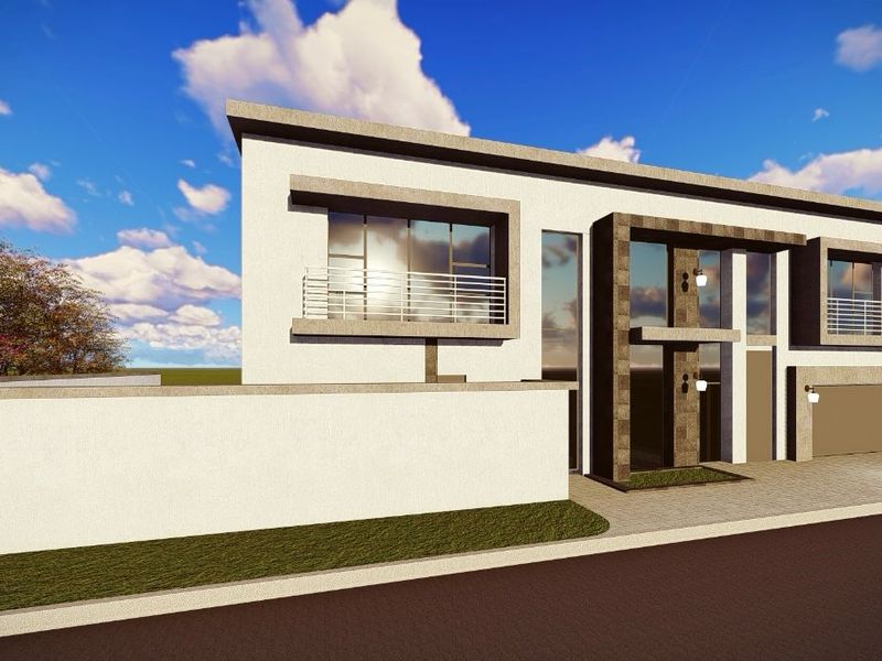 A modern architectural rendering of a contemporary house facade featuring clean lines, a paved driveway, and a secure boundary wall.