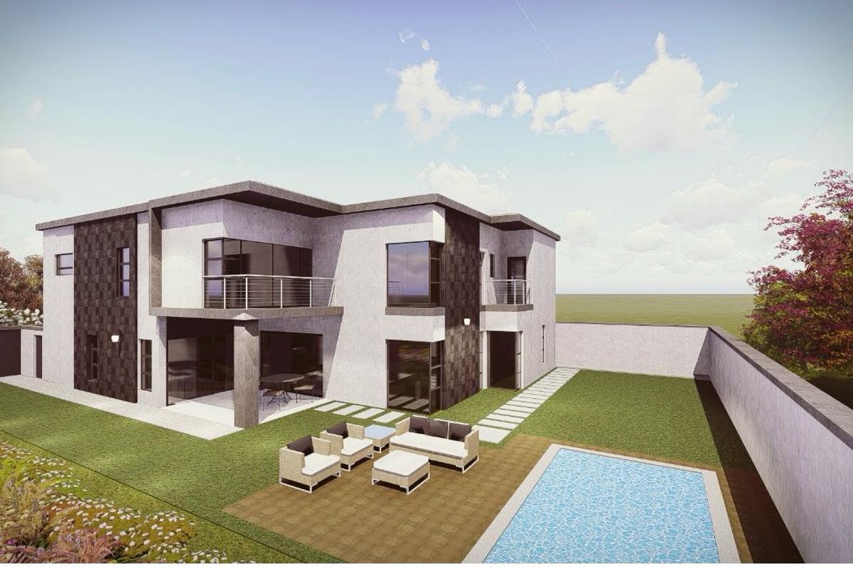A modern two-story residential property featuring a rear garden, swimming pool, paved patio area, and upper-level balconies.