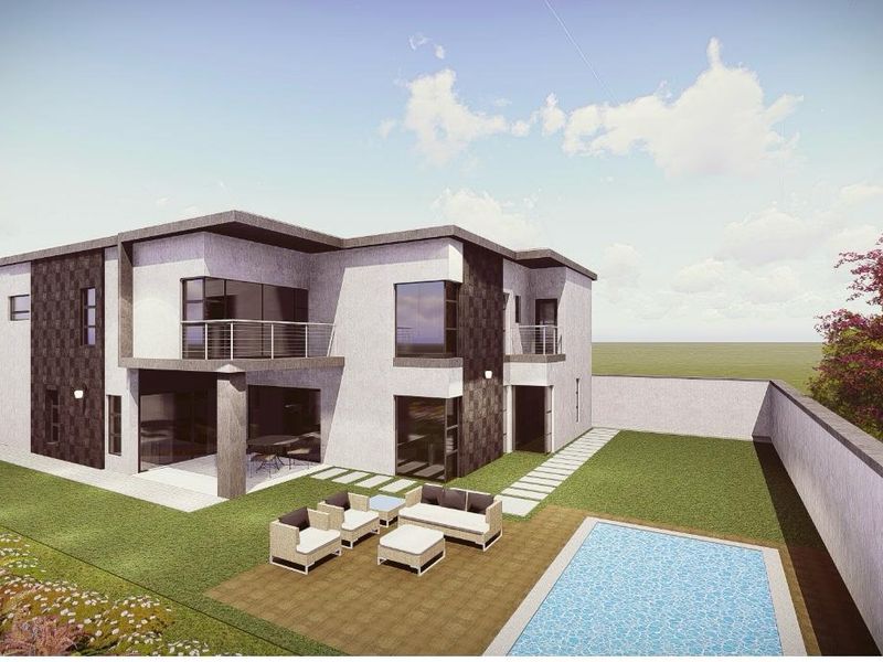 A modern two-story residential property featuring a rear garden, swimming pool, paved patio area, and upper-level balconies.