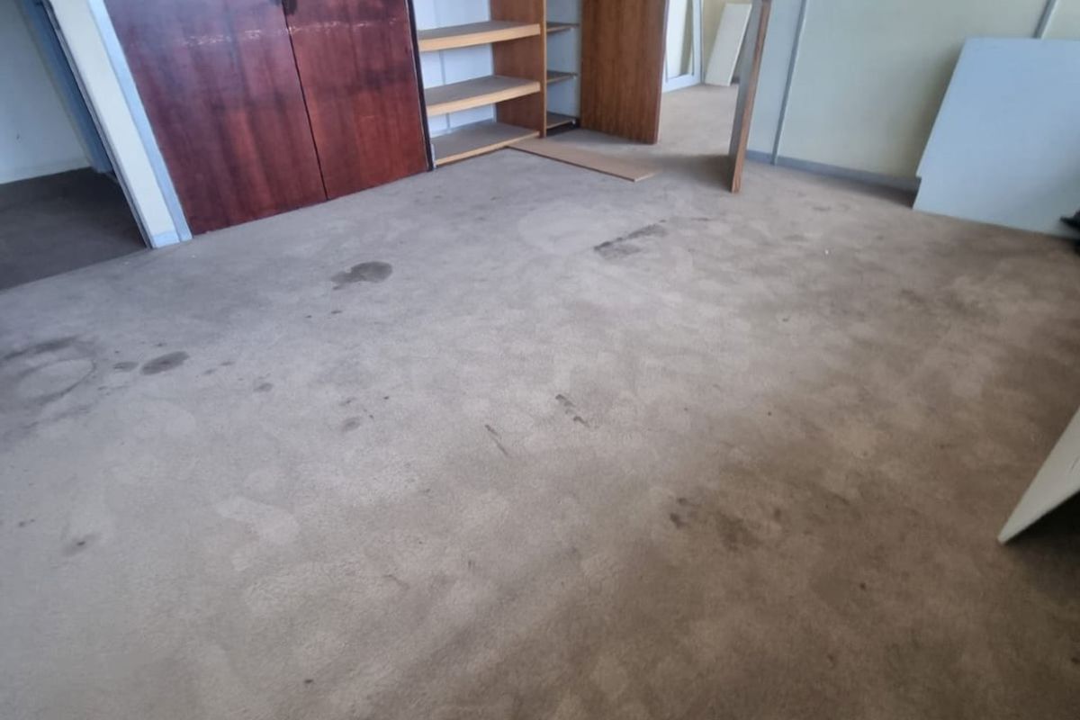 Empty office space featuring built-in wooden cabinetry and shelving, with significant wear and staining visible on the carpet flooring.