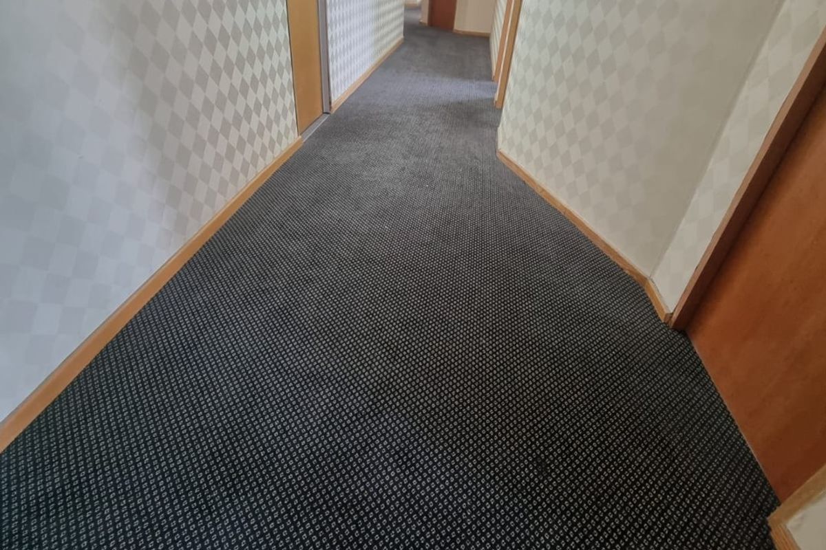 A commercial office hallway featuring patterned wallpaper, commercial carpeting, and multiple timber veneer doors leading to individual office spaces.