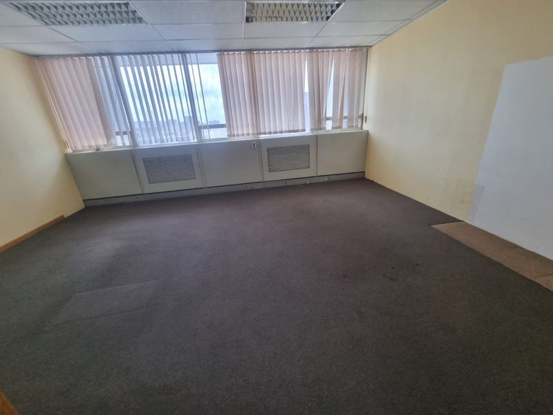 An empty commercial office space featuring a suspended ceiling, recessed lighting, large windows with vertical blinds, and carpeted flooring.
