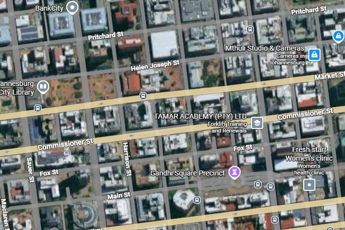 An aerial map view of the Johannesburg city centre showing street layouts and local landmarks.