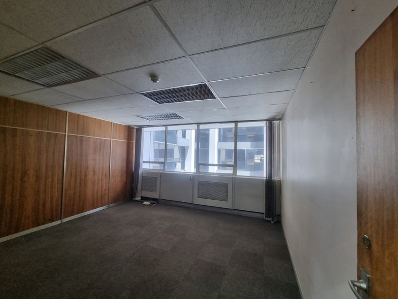 An empty commercial office space featuring wood veneer wall paneling, carpet flooring, and a suspended ceiling with integrated lighting and HVAC vents.