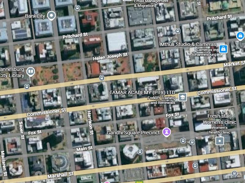 An aerial map view of the Johannesburg city centre showing street layouts and local landmarks.