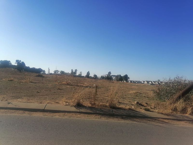 A view of a vacant residential plot from the adjacent asphalt road, featuring a concrete curb and surrounding landscape.
