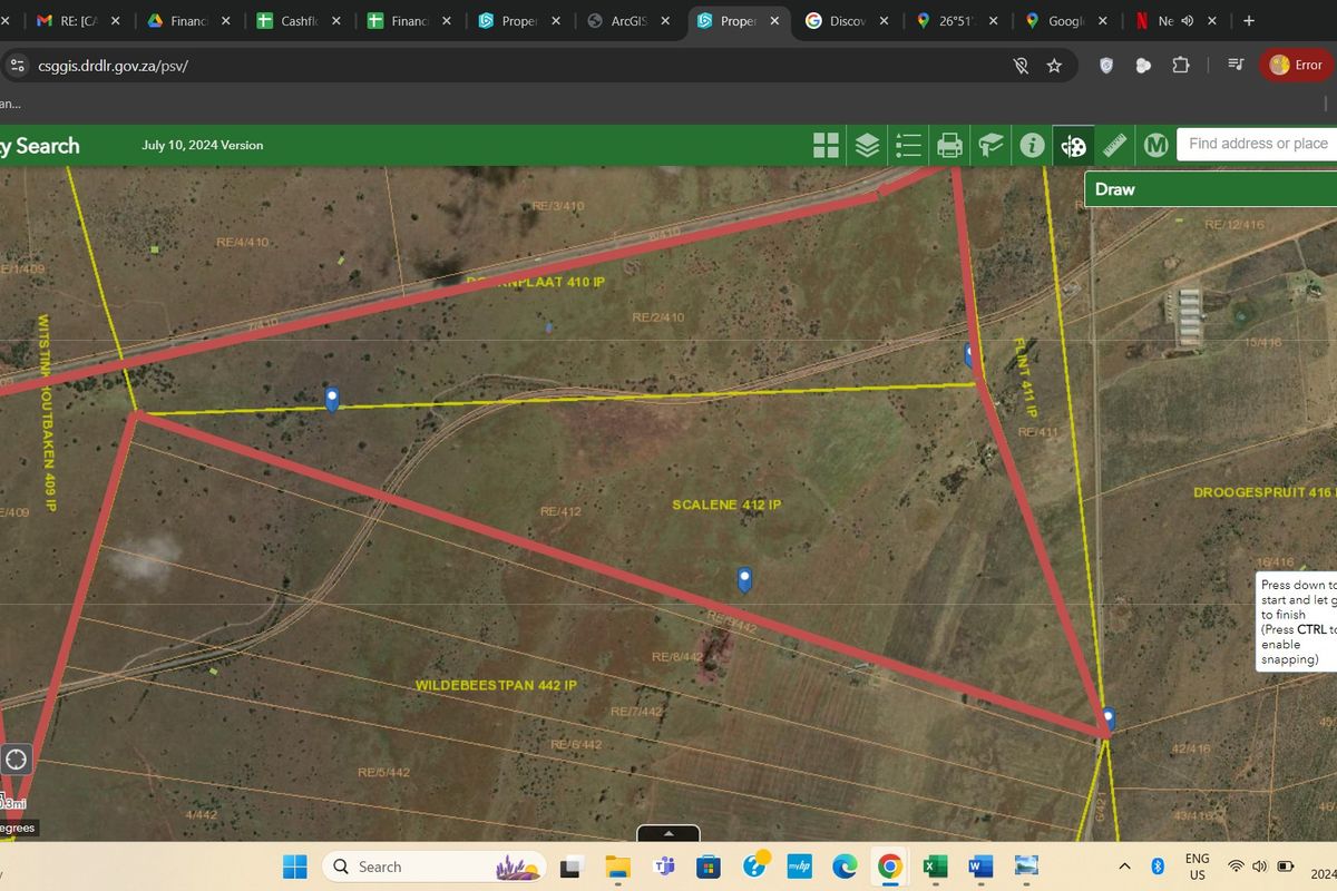 An aerial map view showing cadastral property boundaries and land parcels for the farm area.