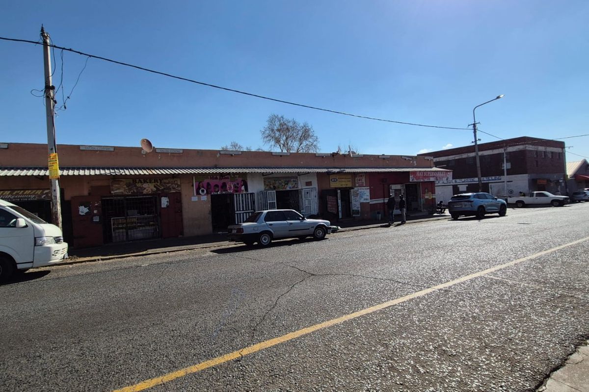 Street-level view of a commercial strip center featuring multiple storefronts with security gates and a corrugated metal roof.