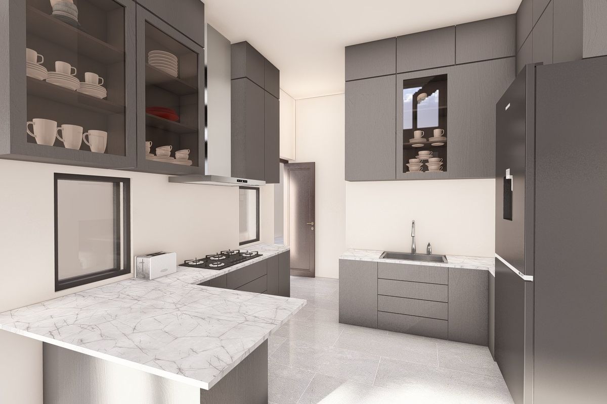 Modern kitchen featuring dark grey cabinetry, marble-effect countertops, integrated stainless steel sink, and built-in gas cooktop with extractor fan.