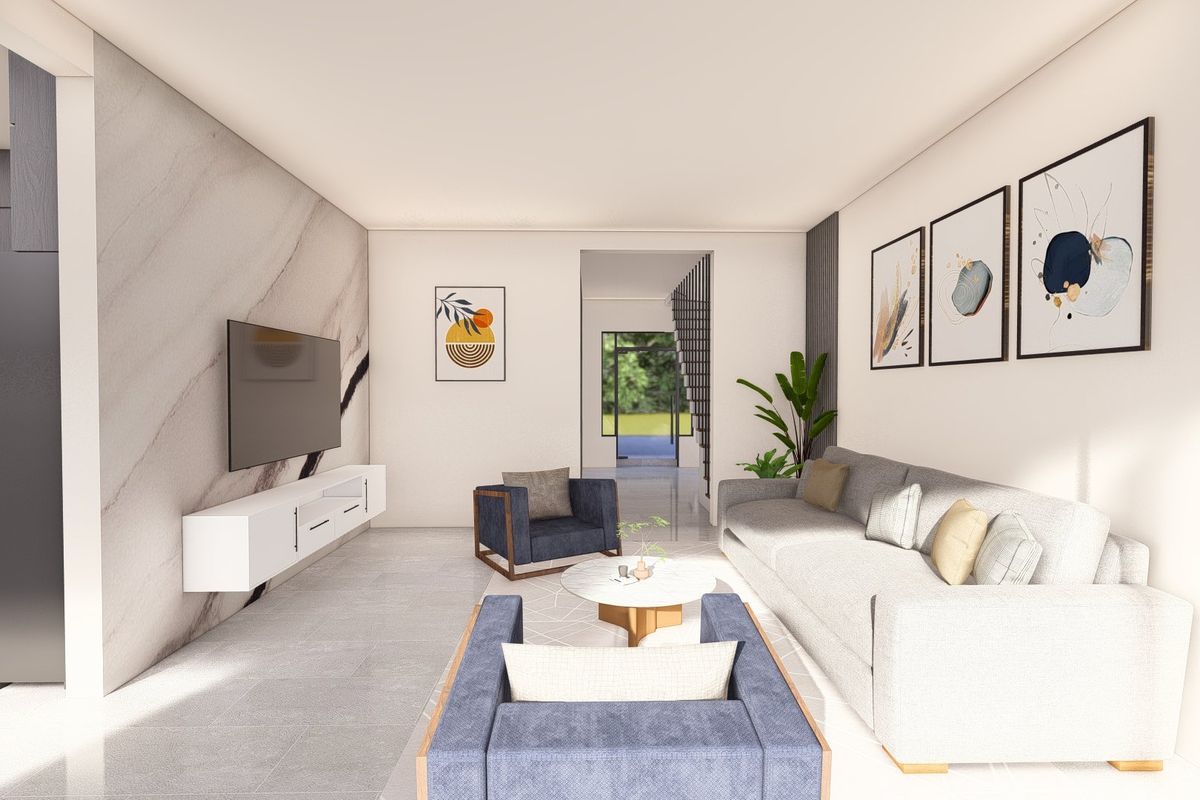 Modern open-plan living area featuring a marble-look feature wall, sleek tiled flooring, and a clean, contemporary aesthetic.
