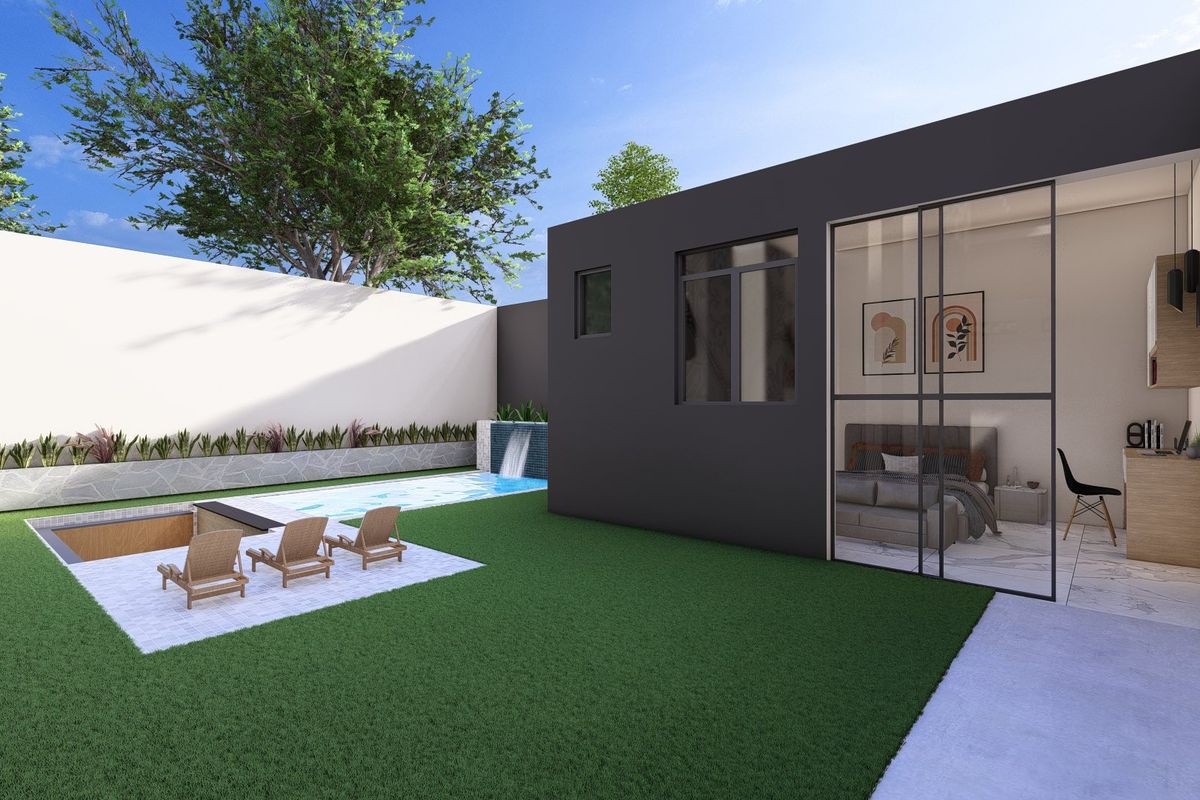 A modern exterior view featuring a landscaped garden, a swimming pool with a water feature, and a contemporary building with large glass sliding doors.