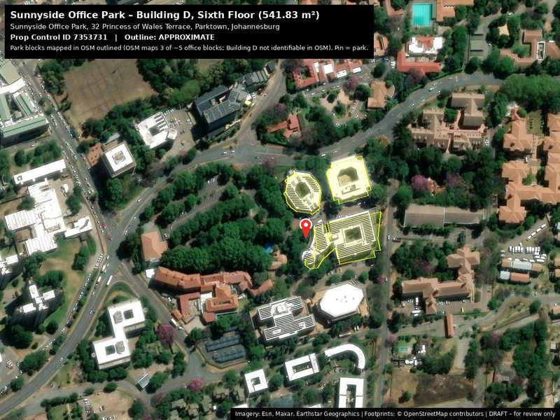 Aerial satellite view of Sunnyside Office Park in Parktown, Johannesburg, showing building footprints and surrounding landscape.