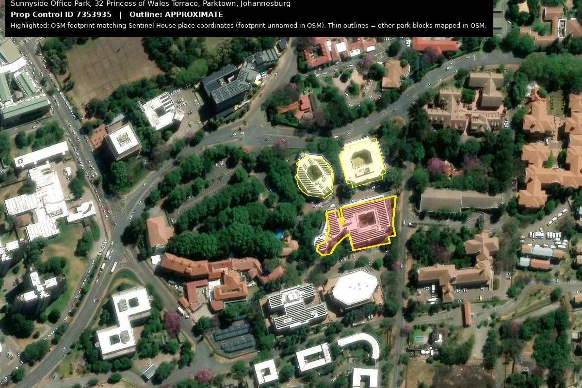 An aerial satellite view of Sunnyside Office Park in Parktown, Johannesburg, highlighting the location of Sentinel House.