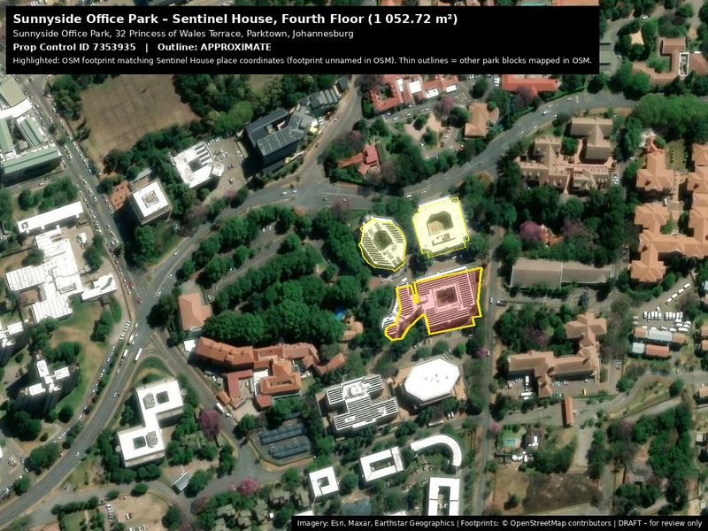 An aerial satellite view of Sunnyside Office Park in Parktown, Johannesburg, highlighting the location of Sentinel House.