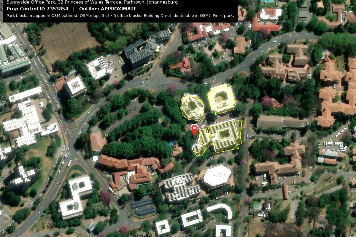 Aerial satellite view of Sunnyside Office Park in Parktown, Johannesburg, showing building layouts and surrounding infrastructure.