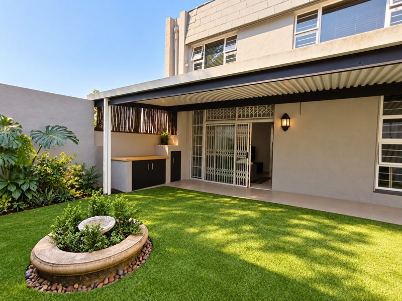 A well-maintained covered patio area featuring built-in cabinetry, security gates, and a neat artificial lawn, perfect for outdoor relaxation and entertaining.