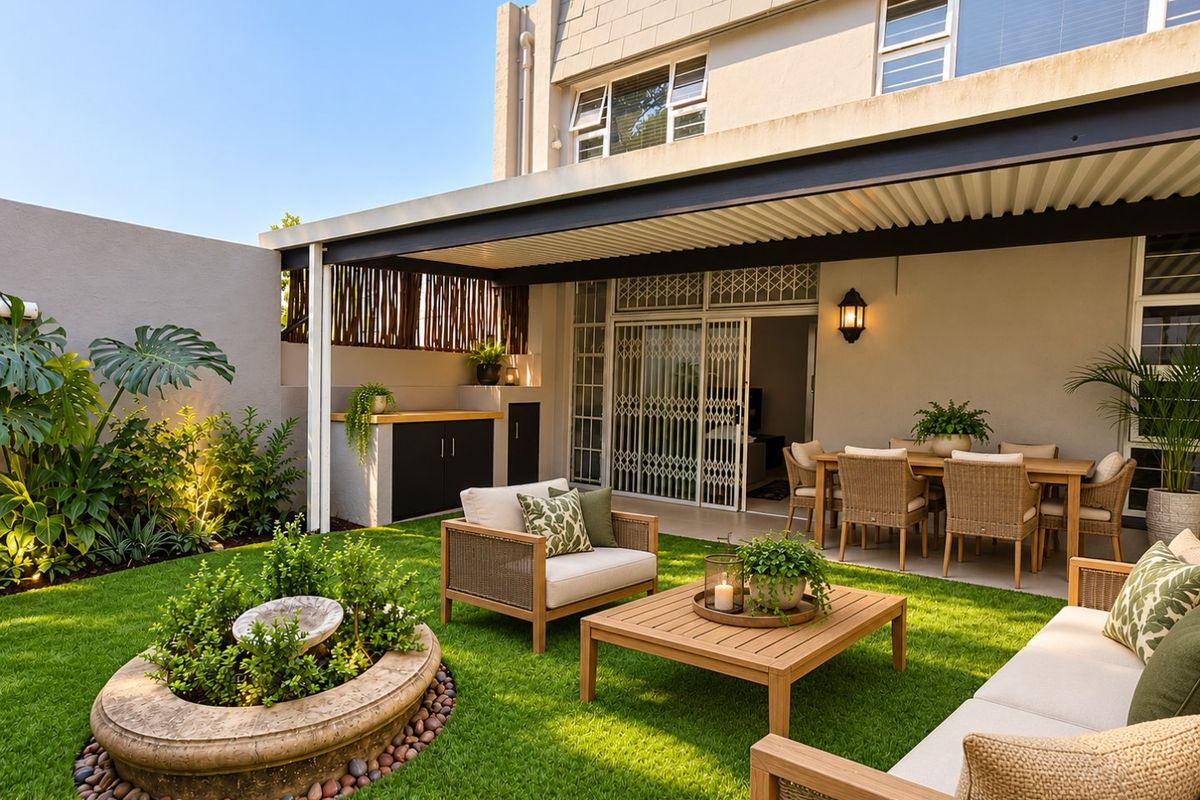 A well-maintained rear garden featuring a covered patio, built-in outdoor cabinetry, and a stone water feature, providing an inviting space for outdoor living.