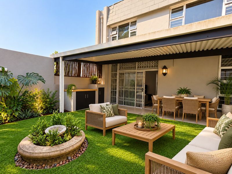 A well-maintained rear garden featuring a covered patio, built-in outdoor cabinetry, and a stone water feature, providing an inviting space for outdoor living.