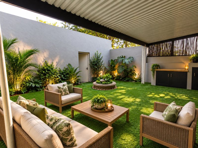 A beautifully landscaped private courtyard featuring a covered patio area, lush greenery, a stone water feature, and built-in outdoor cabinetry.