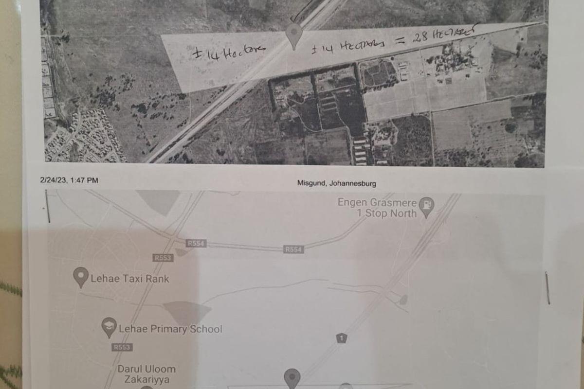 An aerial view and map showing the location and approximate size of the vacant land parcel in Misgund, Johannesburg.