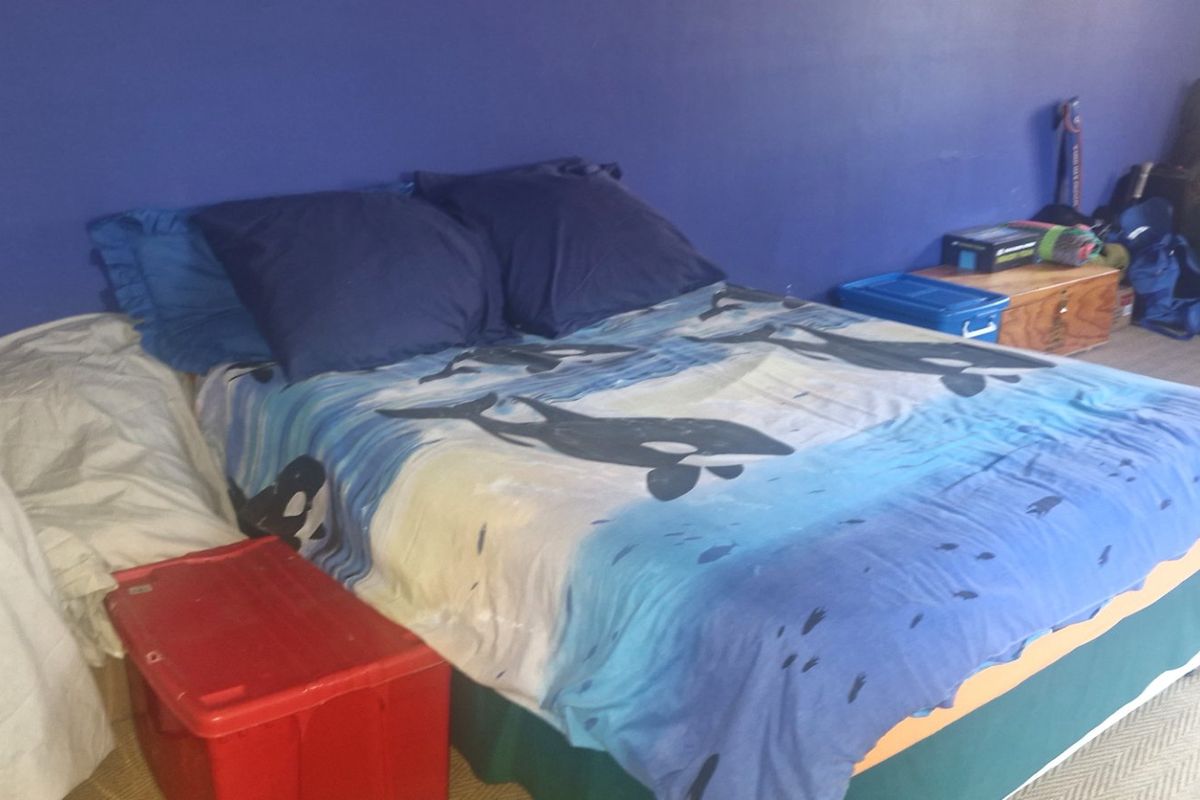 A bedroom featuring a blue accent wall and an installed intercom system, requiring cosmetic updates to improve the overall aesthetic.