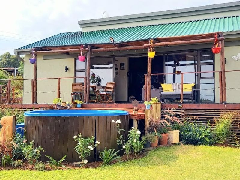 Rear view of the property featuring a timber deck, sliding glass doors, a corrugated metal roof, and a small plunge pool set in the garden.
