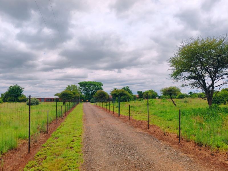 A gravel driveway leading towards the property entrance, enclosed by wire mesh fencing and surrounded by open farm landscape.