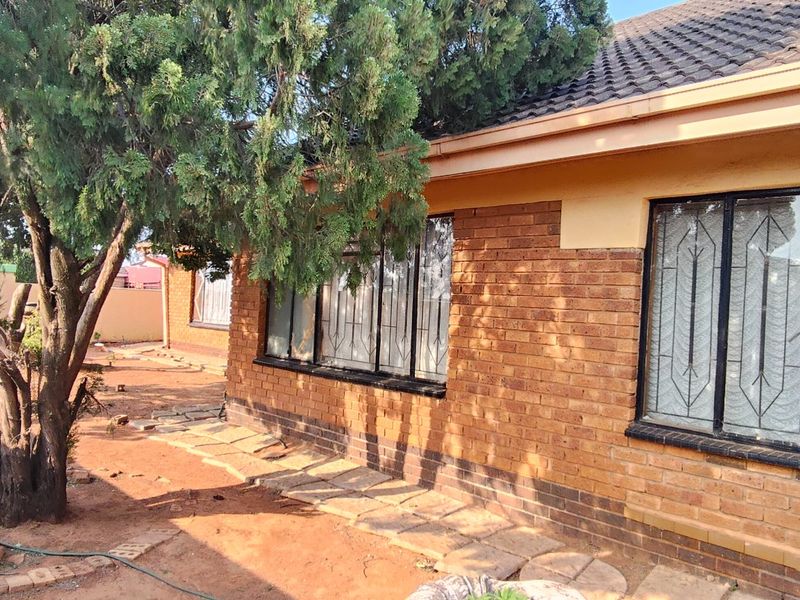 Rear view of a face brick house featuring a tiled roof, security bars on windows, and a paved garden area with mature trees.