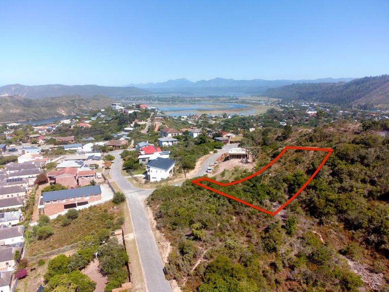 Aerial view of a vacant residential plot featuring sloped terrain and native vegetation, situated in a scenic coastal neighborhood.