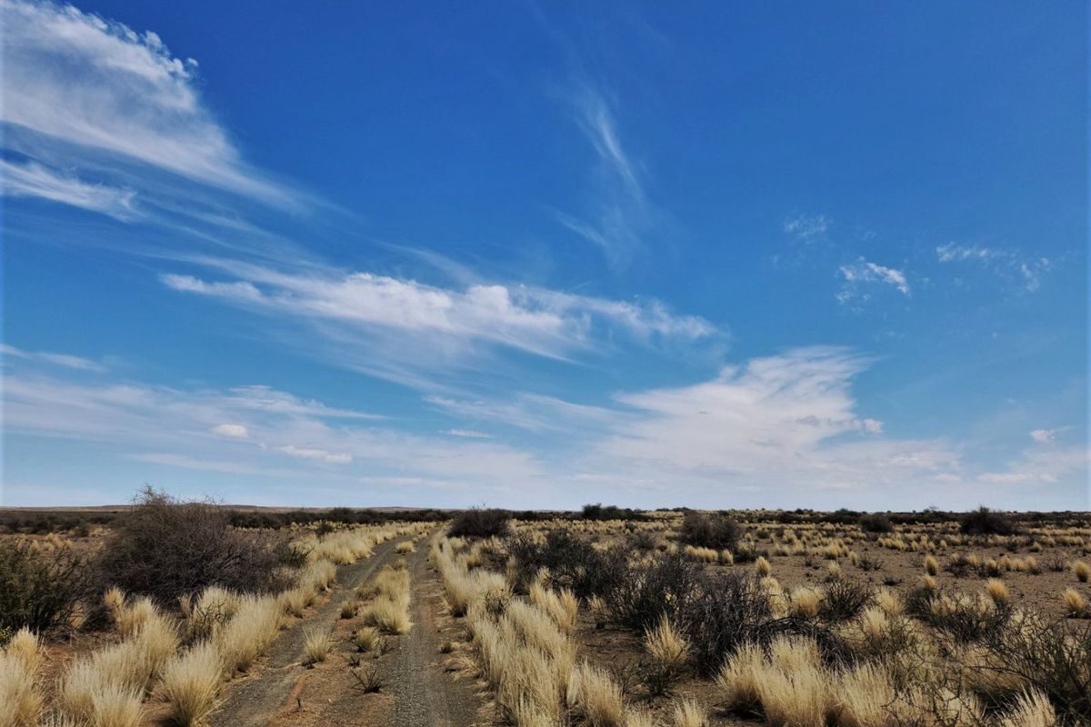 A wide-angle view of the expansive rural landscape featuring a dirt track winding through dry, natural vegetation under a clear blue sky.