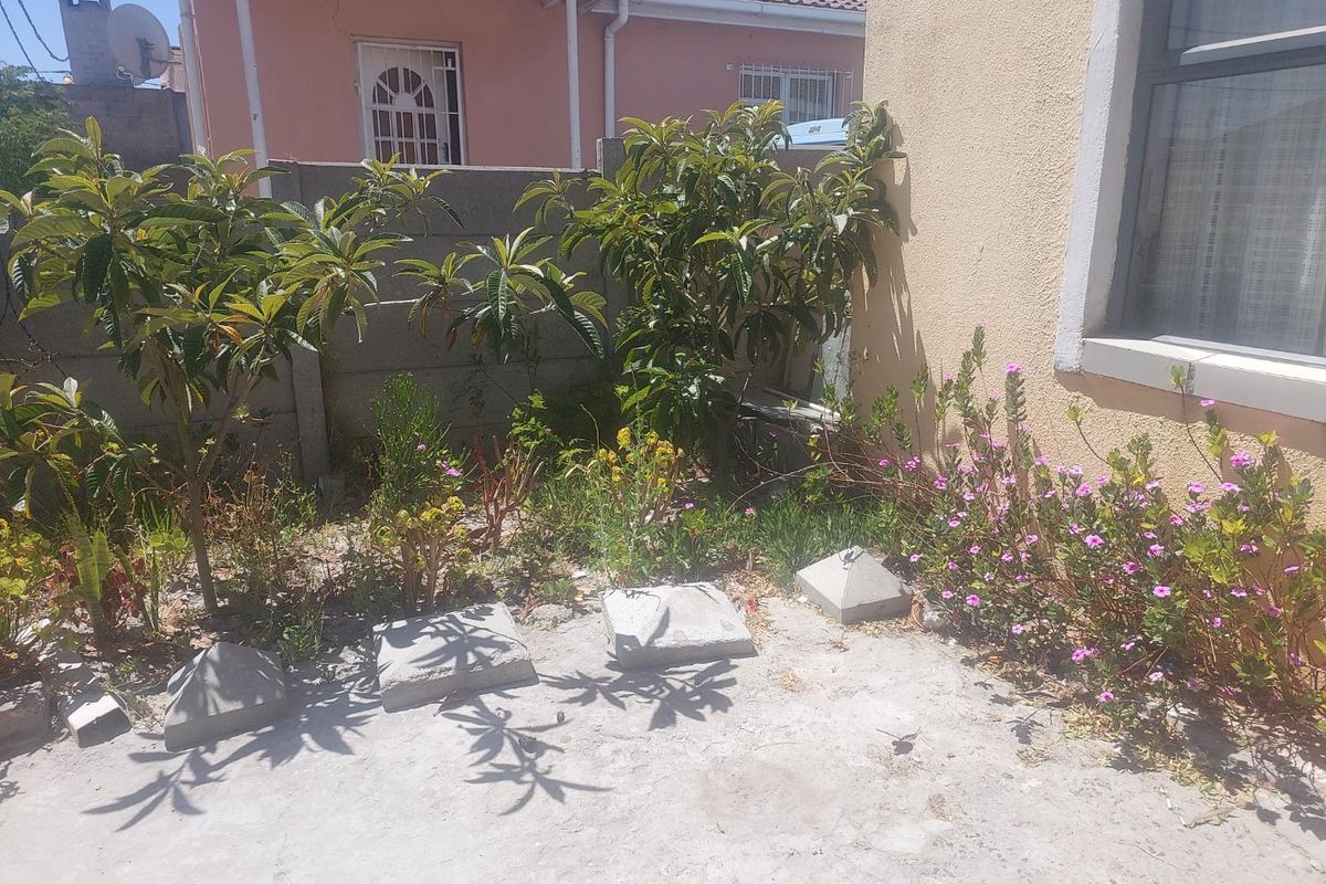 A rear garden area featuring a concrete patio slab and a precast concrete boundary wall with established garden beds.