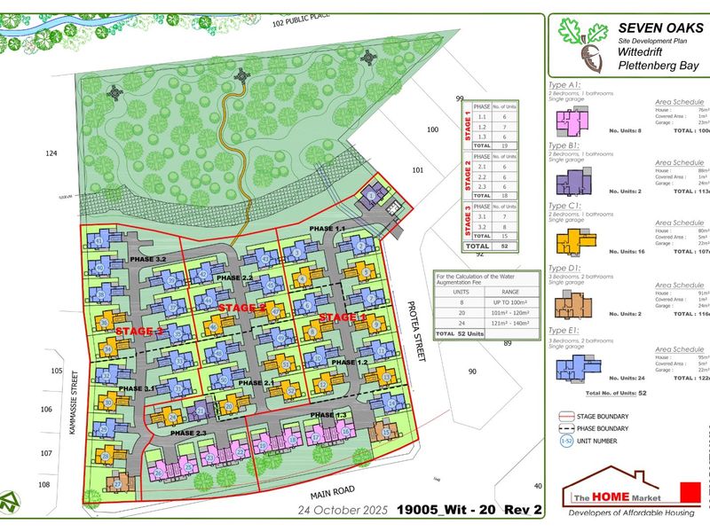A comprehensive site development plan for the Seven Oaks residential estate in Plettenberg Bay, detailing unit types, phases, and area schedules.