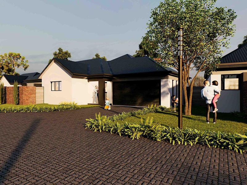 A modern residential exterior featuring a dark metal roof, paved driveway, and brick boundary wall, showcasing a contemporary architectural design.