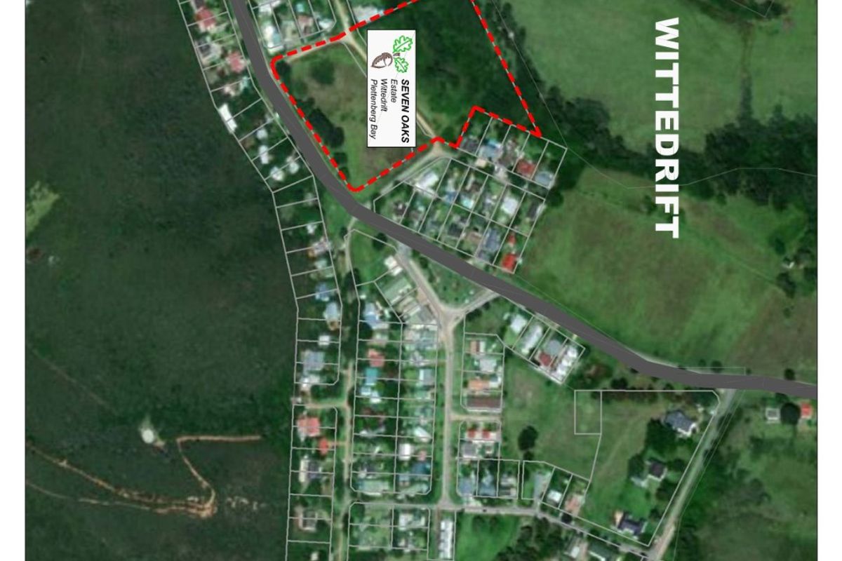 Aerial view showing the location and boundaries of the Seven Oaks Estate property in Wittedrift, Plettenberg Bay.