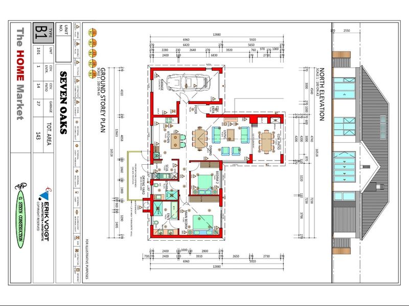 Architectural floor plan for a residential property, detailing the layout of the living areas, bedrooms, kitchen, and exterior spaces.