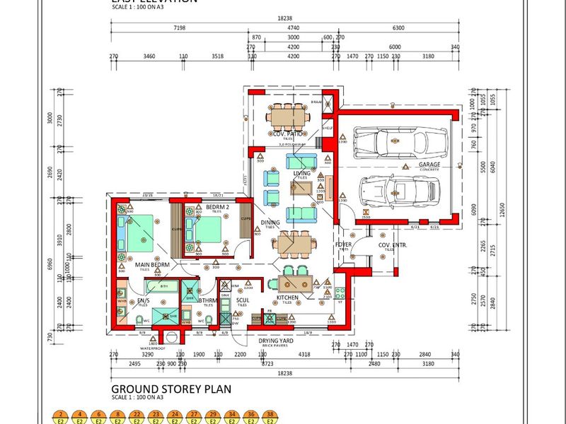 Architectural floor plan for a residential house featuring an open-plan living area, kitchen, scullery, two bedrooms, two bathrooms, and a double garage.