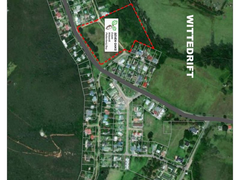 Aerial view showing the location and boundaries of the Seven Oaks Estate property in Wittedrift, Plettenberg Bay.